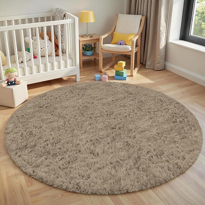 Gray Camel Round Fluffy Rug 6ft, Soft Bedroom Circle Rugs Mats - Image 8