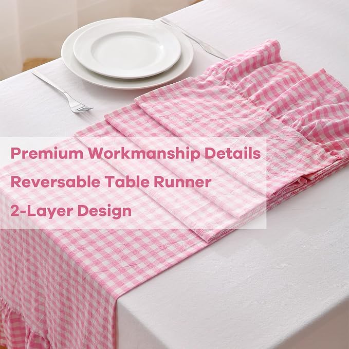 Pink White Plaid Gingham Ruffle Table Runner 90 inches Long 100% Washed Cotton - Image 5