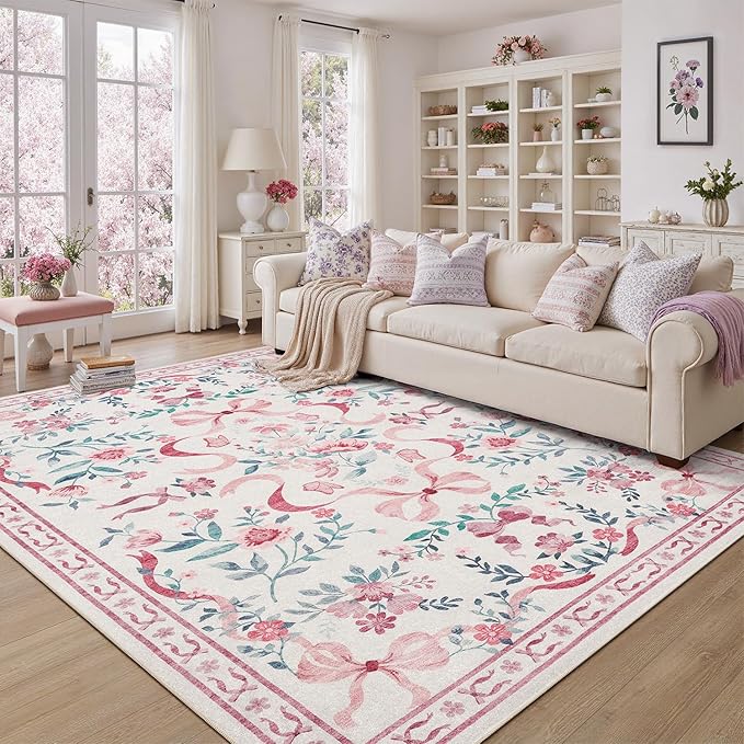 DCX Washable 9x12 Bow Rug, Cute Soft Low Pile Indoor Décor Carpet, Kid & Pet - Image 3
