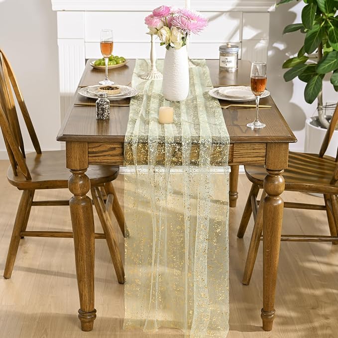 Artoid Mode 3PCS Sage Green Gold Gauze Table Runner 120 Inch 10FT, Glitter - Image 3