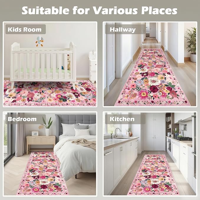 Pink Rug for Hallways Kitchen Rug 2x8, Non Slip Washable Rugs - Image 3