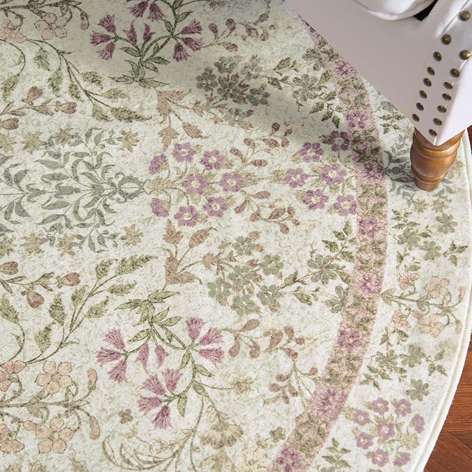 jinchan Zenith Round Rug 6ft Area Rug Soft 6'Round Vintage Floral Rug Non-Slip - Image 9