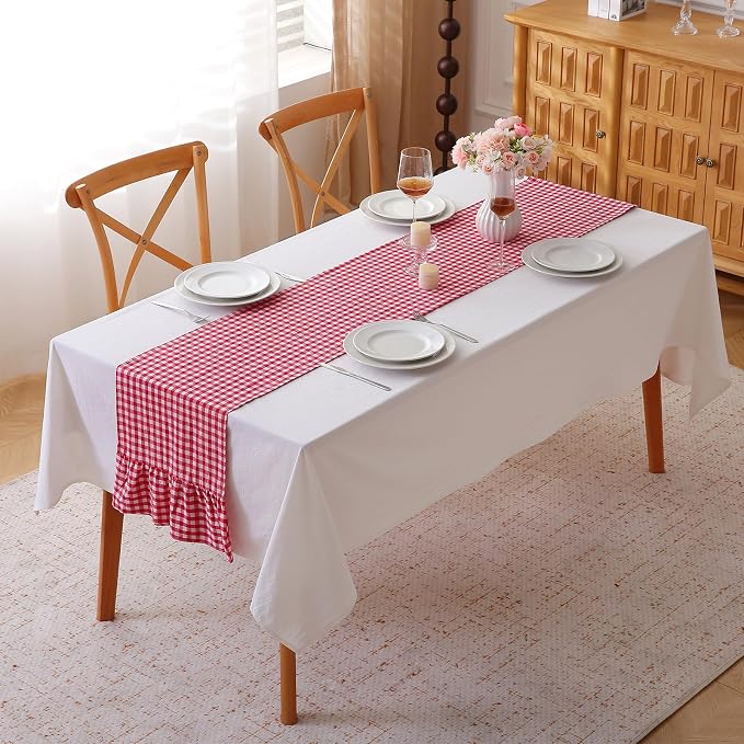 Red White Plaid Gingham Ruffle Table Runner 120 inches Long Christmas 100% - Image 2