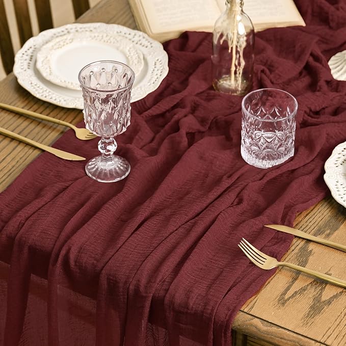 Artoid Mode 3PC Boho Cheesecloth Gauze Burgundy Wedding Table Runner, 120 Inch - Image 3