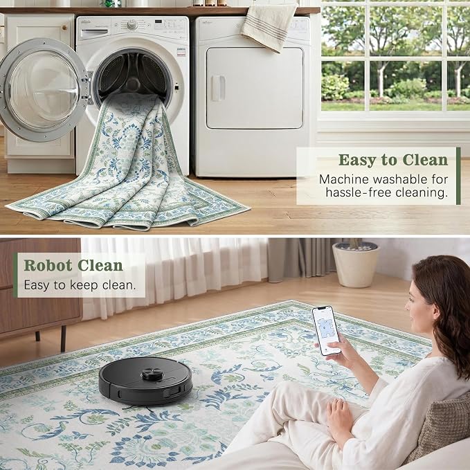 DCX Area Rug 4x4 Botanical Floral Washable Rugs in Green and Blue Soft Non Slip - Image 5