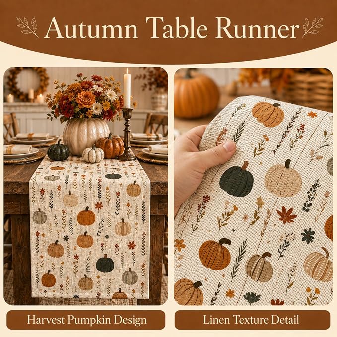 Fall Table Runner 13×36 Inch, Watercolor Pumpkin Floral Autumn Table Decor | - Image 3