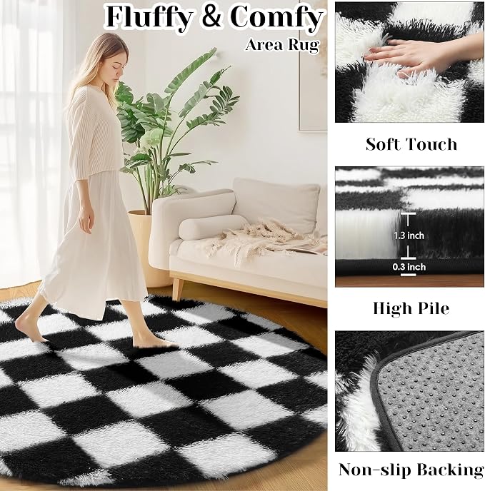 KICMOR Round Rugs 6ft for Bedroom Living Room, Large Plush Checkered Circular - Image 2
