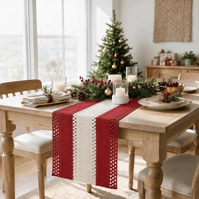 Artoid Mode Rose Red Farmhouse Woven Table Runner 12x108 Inch | Holiday Rustic - Image 4