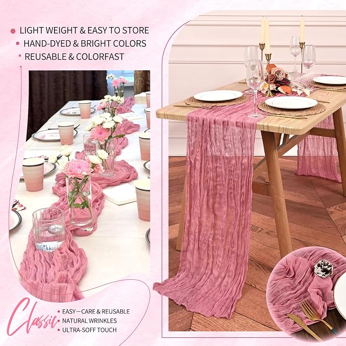 Showgeous 2 Pack Dusty Rose Cheesecloth Table Runners Boho Wedding Decor | - Image 5