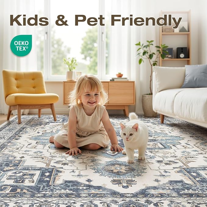 9x12 Washable Area Rugs for Living Room, Large Rug Non Slip Backing Vintage - Image 3