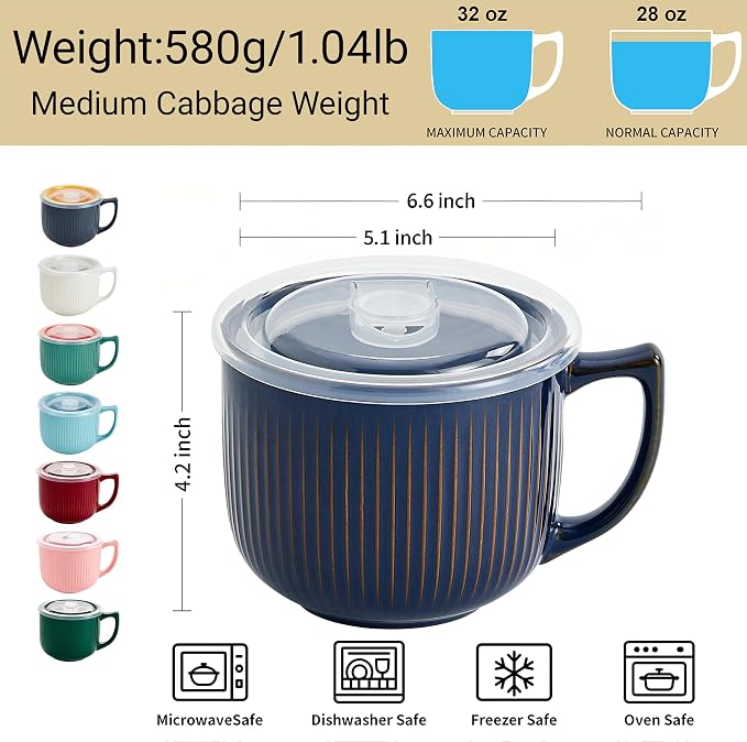 Ceramic Soup Bowl with Handle & Lid, 32oz Microwave Ramen Bowl Set of 2 | - Image 3