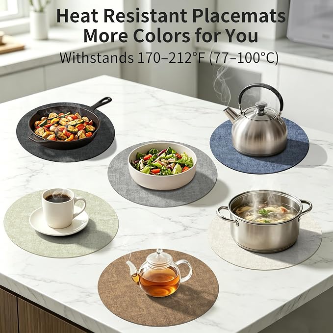 Maxpearl Faux Leather Round Placemats Set of 6, 13.8 inch, Dark Grey | - Image 7