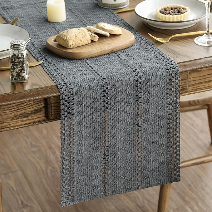 Artoid Mode Dark Grey Woven Farmhouse Hollow Table Runner 12x36 Inch | Holiday - Image 2