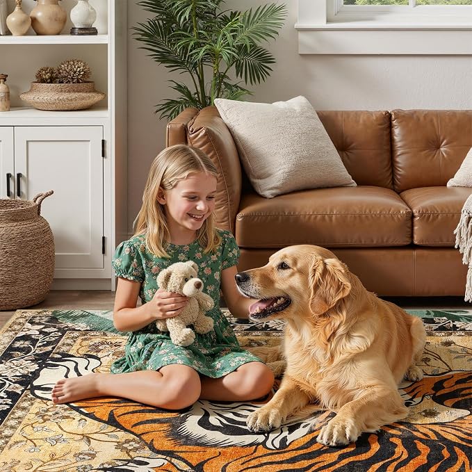 DCX Washable 6x9 Tiger Area Rug, Soft Low Pile Carpet, Kid & Pet Friendly - Image 2