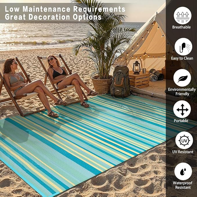 Outdoor Plastic Straw Rug Waterproof Patio 6x9 Teal Yellow Stripe Mat - Image 5