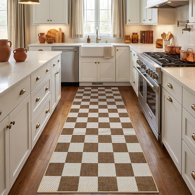 GarveeHome Checkered Terracotta Brown 2x6 Washable Kitchen Runner Rug Geometric by GarveeHome