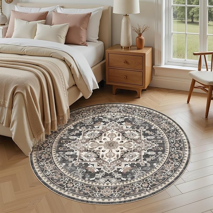 5ft Round Area Rug: Washable Vintage Neutral Soft Non Slip Thin Large Floor - Image 2
