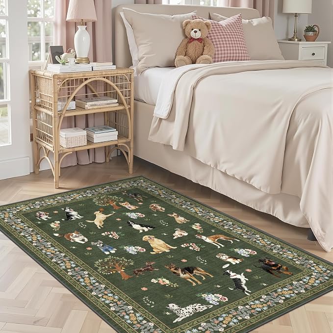 Area Rug 4x6 Dark Green Rug, Washable Boho Rugs Non Slip Low Pile Floral Dog - Image 2