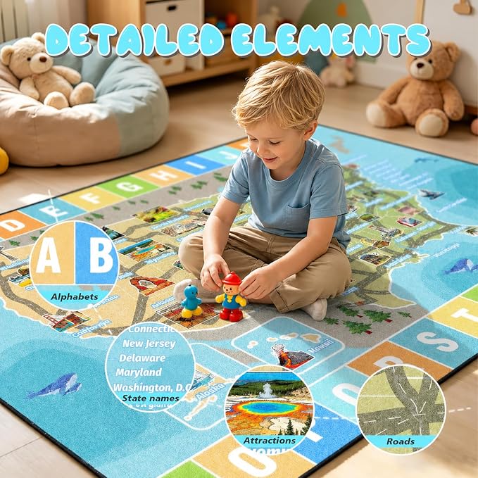 Car Rug Play Mat 4x6 ft, Race Track Map Road Rug - Image 4