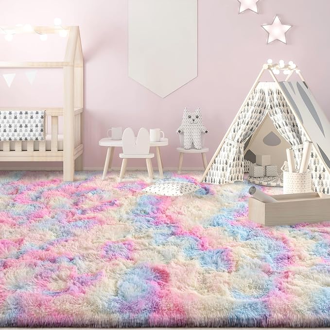 FlyDOIT Large Area Rugs for Living Room, 5x8 Feet Tie-Dyed Rainbow Shaggy Rug - Image 4