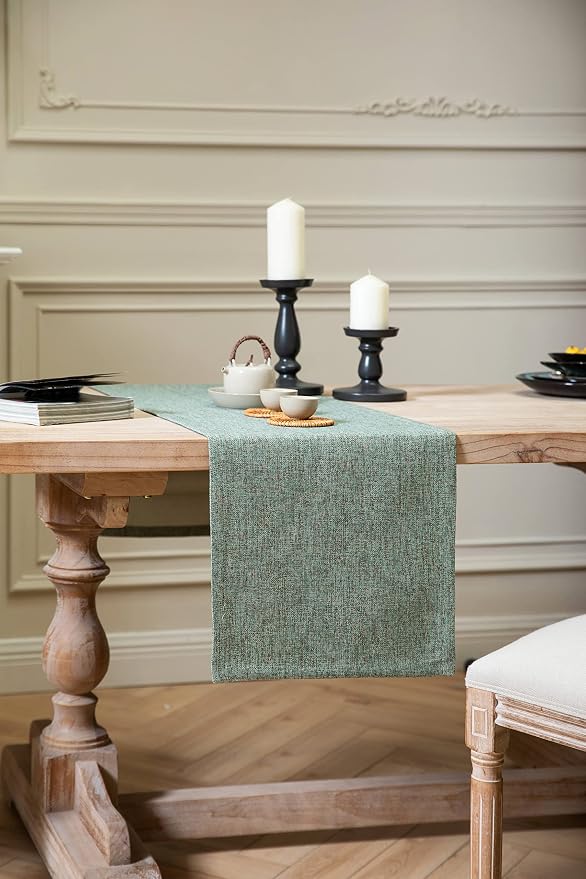 Burlap Style Farmhouse Table Runner, 14x48 Inches Mineral Green | Thick Durable - Image 3