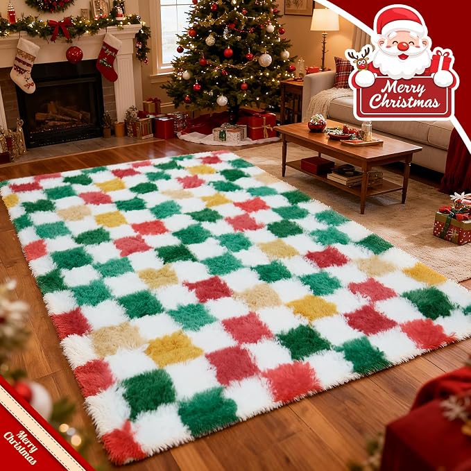 Christmas Area Rug 6x9 for Bedroom Living Room, Checkered Shag Rug Fuzzy Shaggy - Image 4