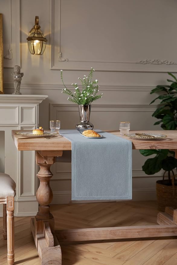 Burlap Style Farmhouse Table Runner, 14x60 Inches Light Dusty Blue | Thick - Image 3