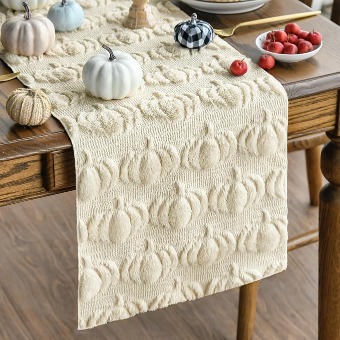 Artoid Mode Beige Soft Faux Fur Pumpkins Fall Table Runner 13x60 Inch | by ArtoidMode