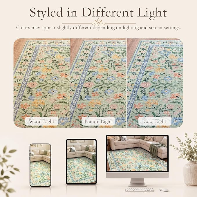 Wonnitar Machine Washable Area Rugs 9x12, Soft Sage Green Floral Rug - Image 9