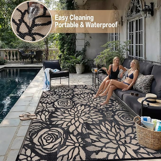 Outdoor Plastic Straw Rug Waterproof Patio 5x8 Black Brown Floral Mat - Image 7