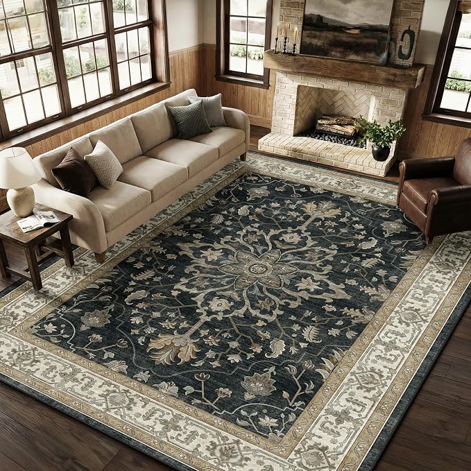 RELEANY Area Rugs Large 10'x12' Washable Non-Slip, Floral Vintage Distress by RELEANY