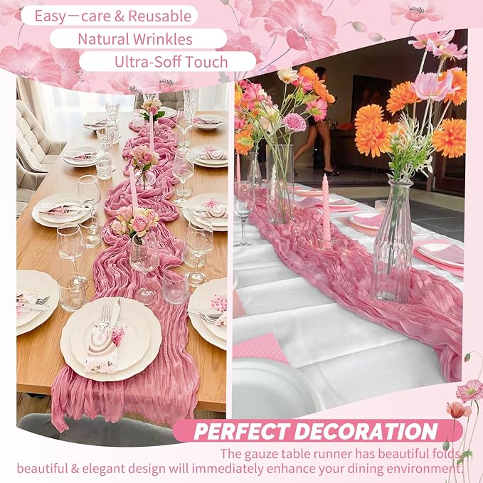Showgeous 4 Pack Dusty Rose Cheesecloth Table Runner, 17 x 108 Inches | Boho - Image 6