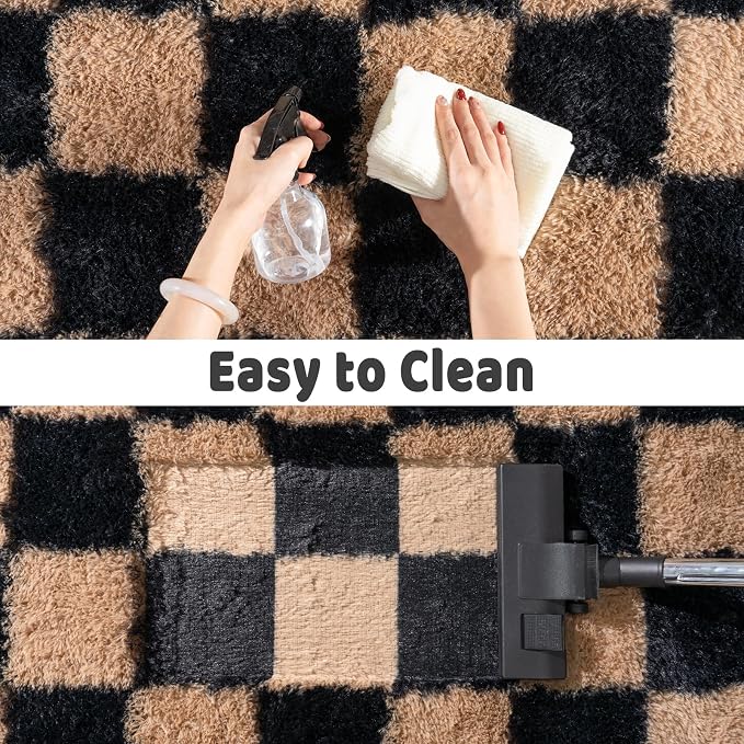 Shag Rugs for Living Room 6x9, Ultra Soft Checkered Black Beige Big Fuzzy Rugs - Image 7