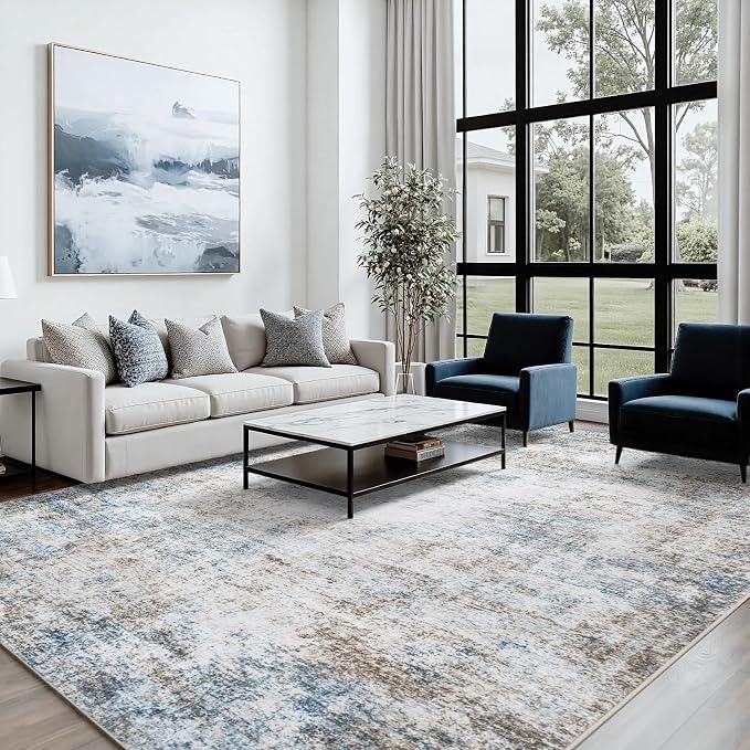 Area Rug 9x12 Living Room Rug Washable: No-Slip Abstract Soft Thin Large Brown - Image 3