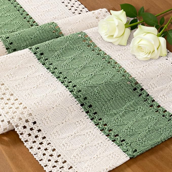 MLMC Ivory & Sage Boho Table Runner Macrame Woven Table Runner 12x36 Inch | by MLMC