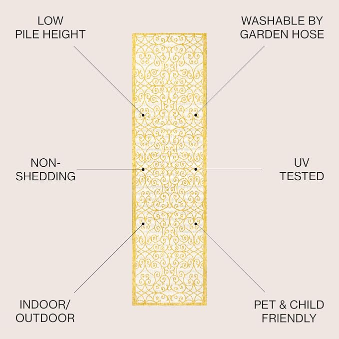 JONATHAN Y Vintage Filigree Indoor Outdoor Runner Rug 2X10 Cream/Yellow - Image 2