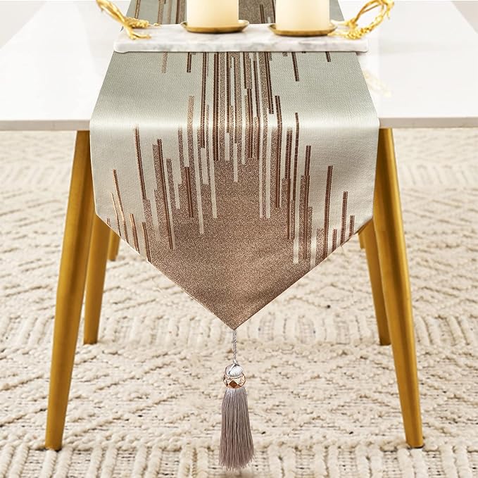 Luxury Champagne Table Runner 120 Inches Long, Modern Abstract Striped | Thick - Image 2