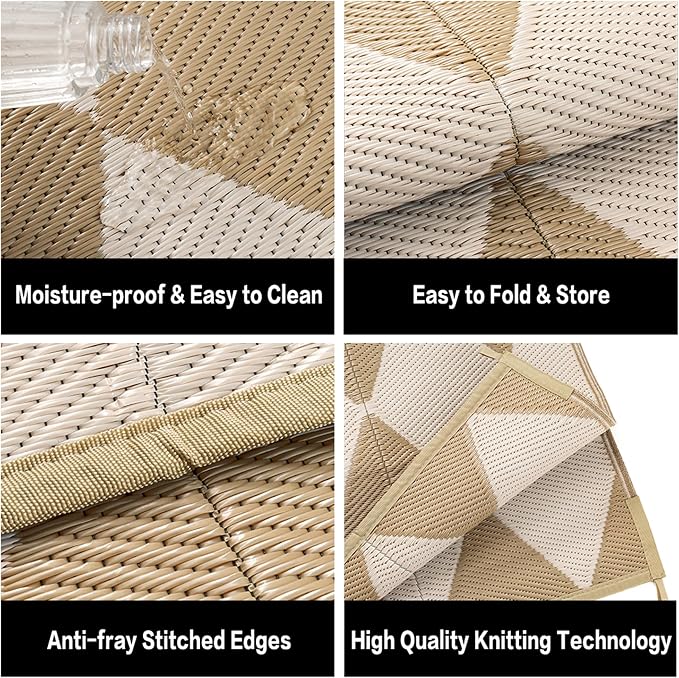 Outdoor Plastic Checkered Rug Waterproof Patio 8x10 Beige Brown Diamond - Image 6