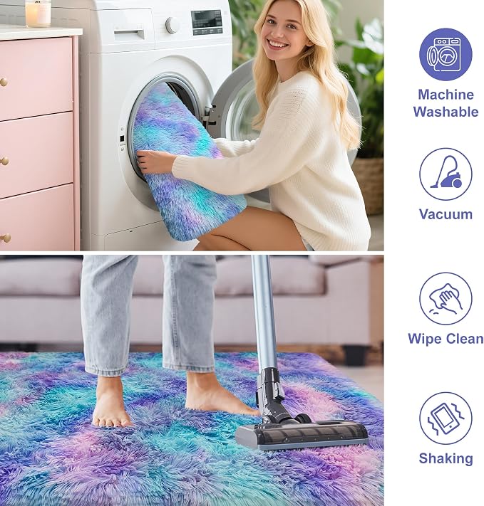 Shaggy Tie Dyed Light Blue Purple Runner Rug 2x6 ft Bedside Area Rugs - Image 7