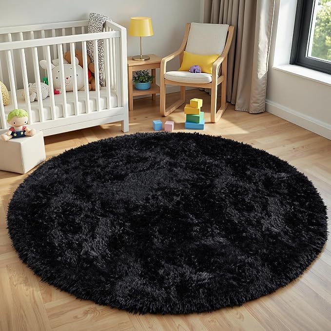 Black Round Fluffy Rug 6ft Plush Fuzzy Shaggy Carpet, Soft Rugs - Image 8