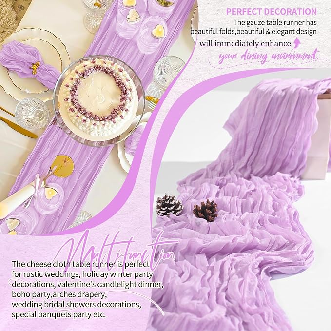 4 Pack Cheesecloth Table Runner 10FT Lilac Purple Table Runner Lavender Boho - Image 6