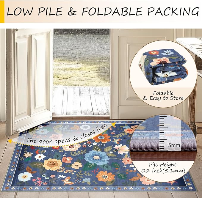 RELEANY Floral Square 6ft Area Rugs Washable Print Boho Cute Carpet Non Slip - Image 5
