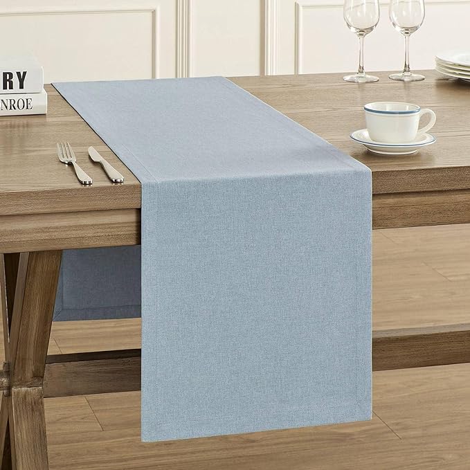 Basic Linen Style Table Runner, 14x60 Inch Chambray Blue | Mitered Corner Design by ZEEMARTONLINE