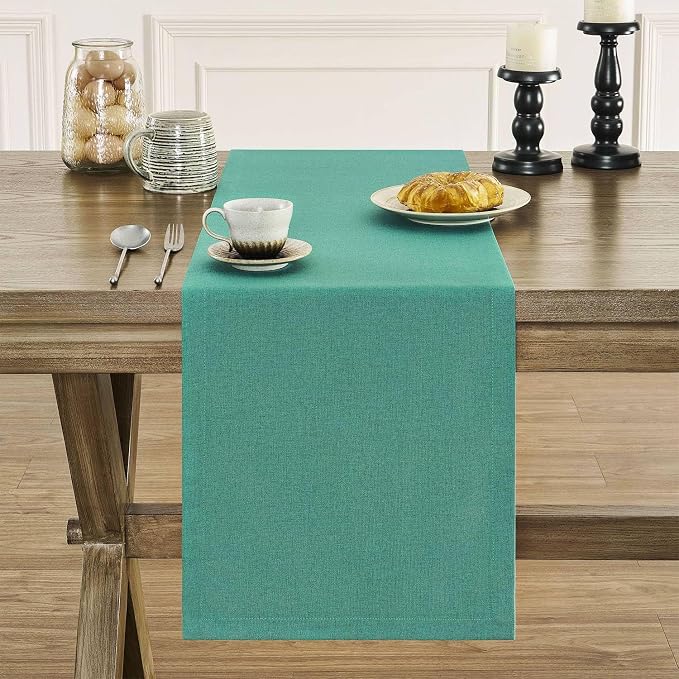 Basic Linen Style Table Runner, 14x108 Inch Teal | Mitered Corner Design - Image 2