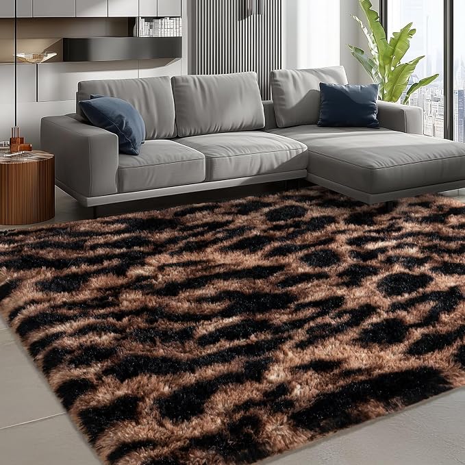 Shag Rugs for Bedroom, 4x6 Tie-Dyed Brown Leopard Soft Fuzzy Rugs for Living - Image 4