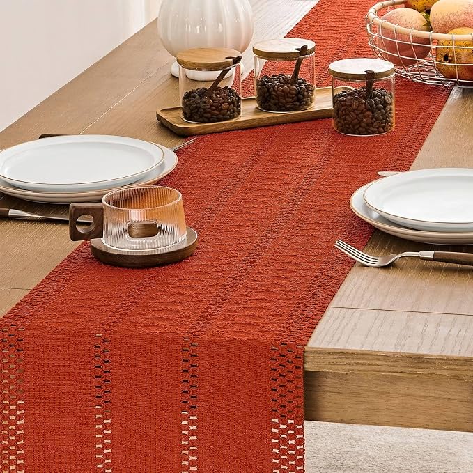 Macrame Style Boho Table Runner, 12x60 Inch Dark Orange | Woven Boho Table - Image 5