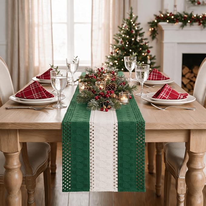 Artoid Mode Dark Green Farmhouse Woven Table Runner 12x108 Inch | Holiday - Image 2