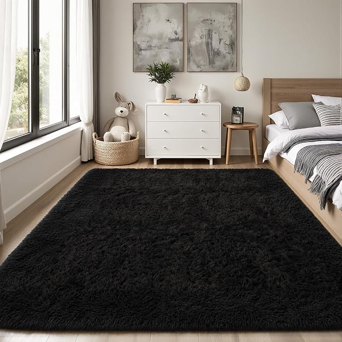 Area Rug for Living Room Bedroom: 4x6 Black Soft Fluffy Shag Upgrade Non-Slip - Image 2