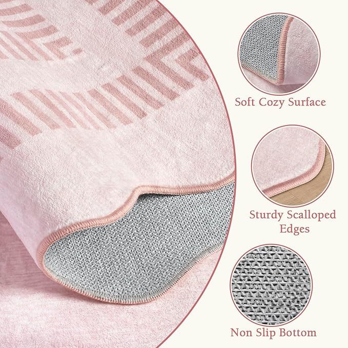 Pink Runner Rug 2.6x8 Kitchen Hallway Scalloped Rugs, Non Skid Stain-Resistant - Image 5