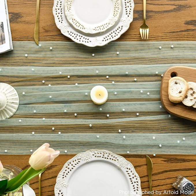 Artoid Mode 6PCS Pearl Grass Green Gauze Table Runner 120 Inch 10FT, Seasonal - Image 2